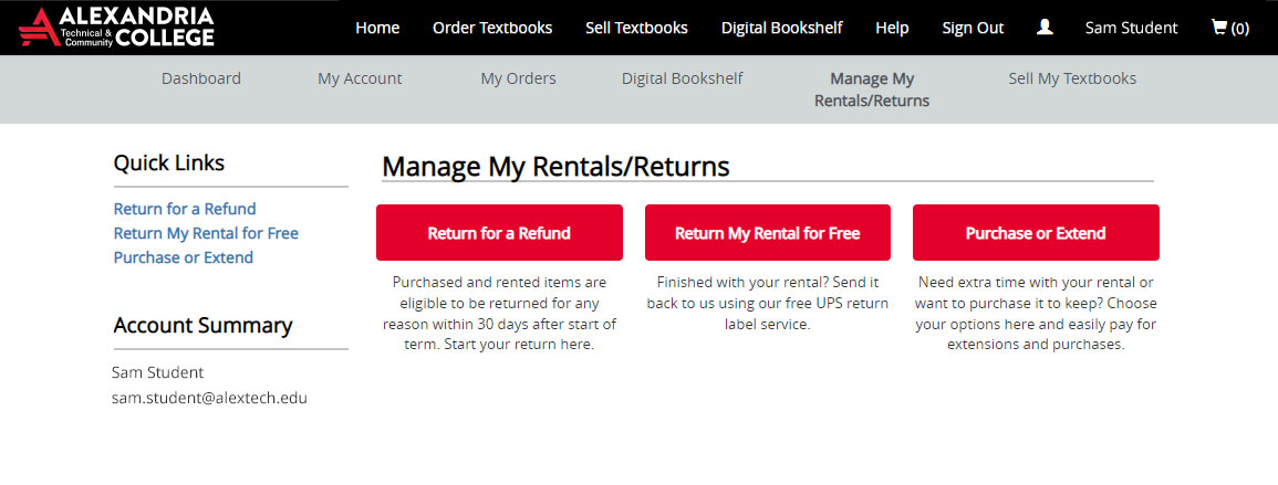 Screenshot showing How to Return Rentals in the Online Bookstore