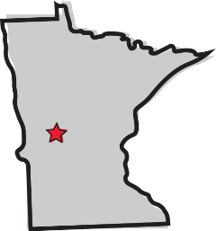 stylized map of Minnesota with the city of Alexandria marked with a star